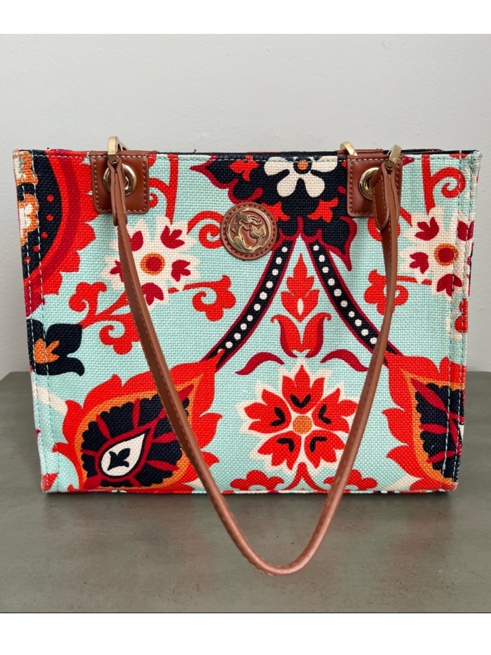 Spartina 449 Linen & Leather Tote Bag Waver Girl Retired Print